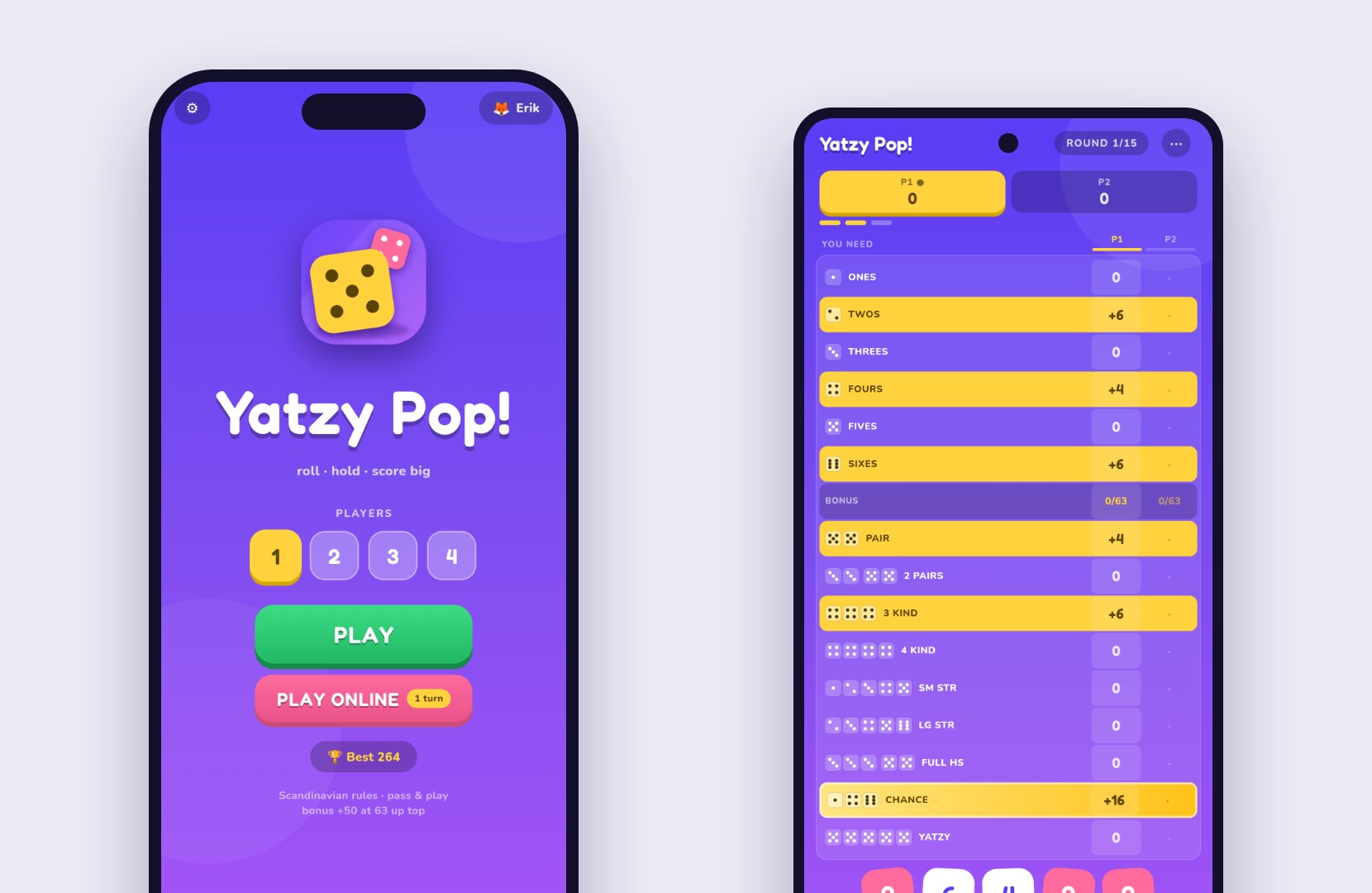 Yatzy Pop! home screen and a two-player game, on iPhone and Android