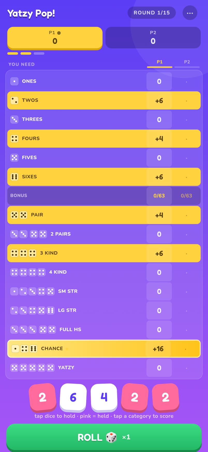 Yatzy Pop! mid-game: dice held, score hints lit up